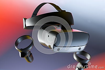 VR 3d 360 headset glasses goggles in futuristic grey-orange light. 3d rendering Cartoon Illustration