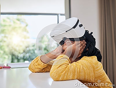 Vr, education and child with headset in happy virtual class for elearning, gaming or video streaming online. Futuristic Stock Photo