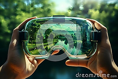 vr goggles with reflection of green nature. Stock Photo