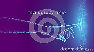 VR hand touch signature. Fingerprint unlock virtual reality technology. Touch data network. Data science Vector Illustration