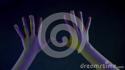 Vr hands touching invisible metaverse closeup. Unknown human exploring videogame Stock Photo