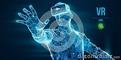 VR headset holographic low poly wireframe vector banner. Polygonal man wearing virtual reality glasses. VR games playing Vector Illustration