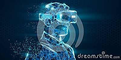 VR headset holographic low poly wireframe vector. Polygonal man wearing virtual reality glasses helmet. VR games playing Vector Illustration