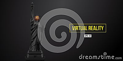 VR headset technology. 3d render of the statue of Liberty, woman wearing virtual reality glasses on black background Vector Illustration