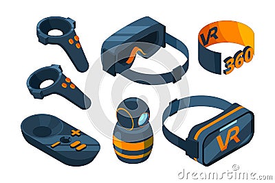 VR isometric Icon. Immersed virtual reality experience gaming equipment helmet and glasses simulator vector 3D pictures Vector Illustration