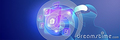 VR Smart Home futuristic concept showing a user controlling smart devices with virtual reality interface. Innovation, IoT, Vector Illustration