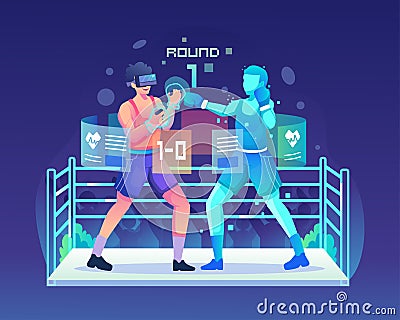 VR Sports concept illustration with a man wearing a VR headset playing boxing sports simulator with a virtual opponent Vector Illustration