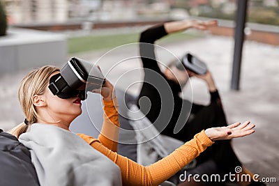 VR tech, futuristic virtual reality glasses. Sensory technology in digital reality Stock Photo