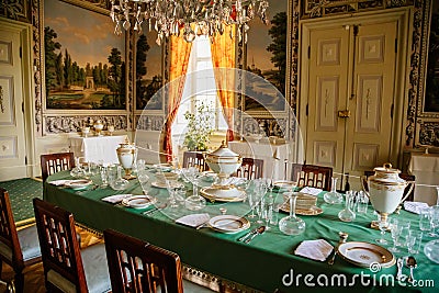 Vranov nad dyji, Southern Moravia, Czech Republic, 03 July 2021: Castle interior with baroque wooden carved furniture, dining room Editorial Stock Photo