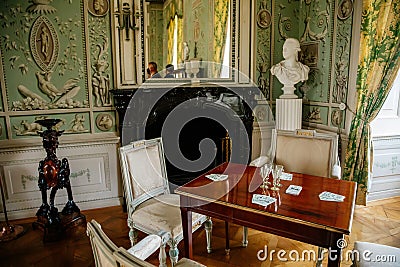 Vranov nad dyji, Southern Moravia, Czech Republic, 03 July 2021: Castle interior, baroque wooden carved furniture, green guest Editorial Stock Photo