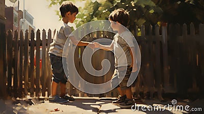 Vray Tracing Painting: Two Boys Shaking Hands With Fence Stock Photo