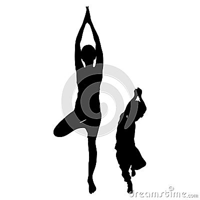 Vrikshasana asana, tree pose in yoga . Vector female and child silhouette isolated on white background. Mom and son are doing yoga Vector Illustration
