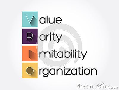 VRIO - Value, Rarity, Imitability, Organization acronym, concept background Stock Photo
