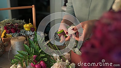Vrouw bloemist creëert mooie bouquet in de bloemenwinkel Werken in de bloemenwinkel Levering bloemen stock footage Vrouw bloemist creëert mooie bouquet in de bloemenwinkel Werken in de bloemenwinkel Levering bloemen stock footage