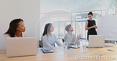 Vrouwelijke uitvoerende gevende presentatie aan haar collega's in conferentieruimte 4k stock videobeelden Vrouwelijke uitvoerende gevende presentatie aan haar collega's in conferentieruimte 4k stock videobeelden