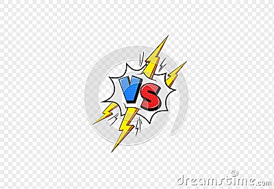 Vs comic book frame. Versus blue and red emblem and yellow lightning letters for battle game duel or fight competition Vector Illustration