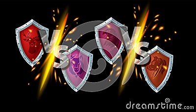 VS game fight vector sign kit, versus eSport battle competition logo, metal shield, team animal mascots. Vector Illustration