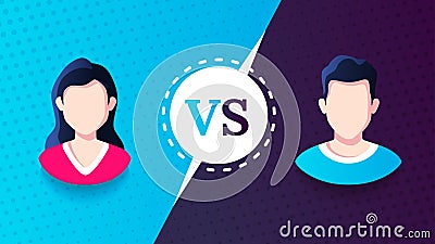 Vs screen. Blue and red abstract versus background. Man vs woman. Male and female avatars. Fight template. Simple modern comic Vector Illustration