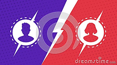 Vs screen. Blue and red abstract versus background. Man vs woman. Male and female avatars. Fight template. Simple modern comic Vector Illustration