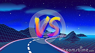 VS sign in 80s game style with synthwave landscape and brush painted letters. Versus symbol for battle or competition Vector Illustration