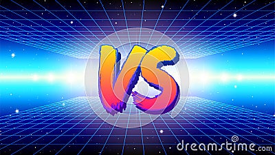 VS sign in 80s game style with synthwave landscape and brush painted letters. Versus symbol for battle or competition Vector Illustration