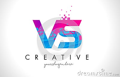 VS V S Letter Logo with Shattered Broken Blue Pink Texture Design Vector. Vector Illustration