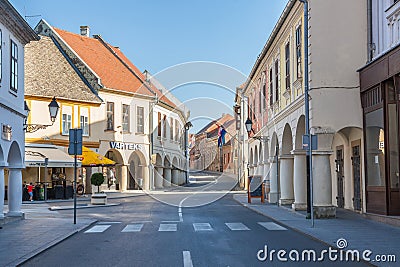 Franjo Tudjman street, the main street of the Slavonia city of Vukovar, in northern Croatia, with its iconic old buildings Editorial Stock Photo