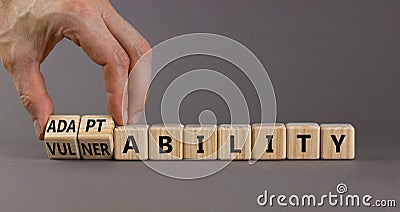 Vulnerability or adaptability symbol. Businessman turns wooden cubes and changes words `vulnerability` to `adaptability`. Grey Stock Photo