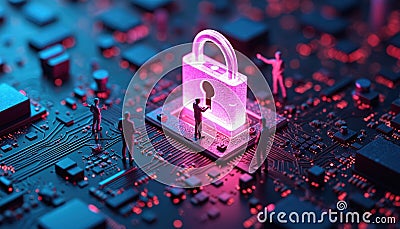 Vulnerability management, patching strategies. administrators deploy security patches with 3D glowing padlock on motherboard, Stock Photo
