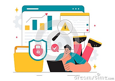 Vulnerability and Threat Management Solutions Vector Illustration featuring Data Breach Security Attack, Hacker Fraud, and Coding Vector Illustration