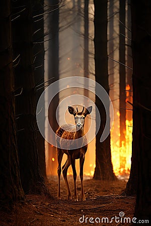 The vulnerability of wildlife is starkly evident as a deer seeks refuge from the flames Stock Photo