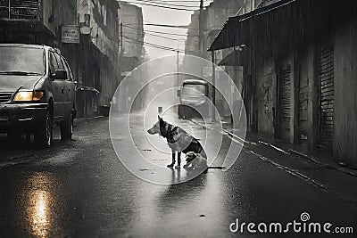 Vulnerable puppy and heartbroken stray dog on lonely street, looking for shelter in the pouring rain Stock Photo