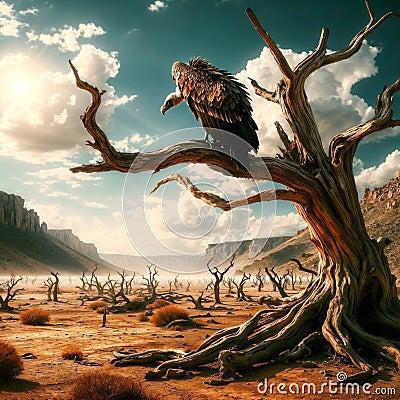 The vulture on a barren tree Stock Photo