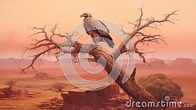 Vulture on branch desert landscape. Generative AI Stock Photo