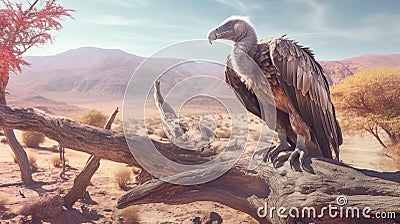 Vulture on branch desert landscape. Generative AI Stock Photo