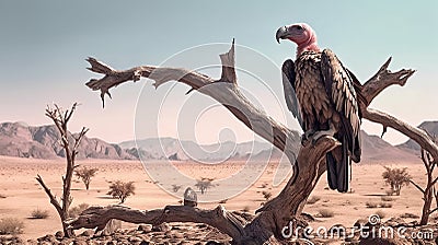 Vulture on branch desert landscape. Generative AI Stock Photo