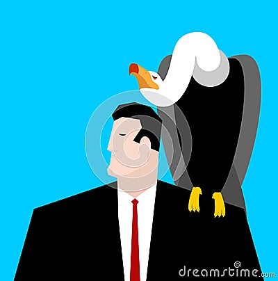 Vulture and businessman. neophron sitting on man shoulder Vector Illustration