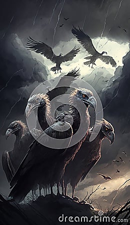 Vultures dying to eat a group of vultures circling prey Cartoon Illustration