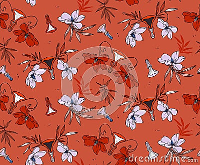 Vulva paradise plants, funny vagina pattern in red violet colors. Seamless repeat pattern design Hibiscua, peony tender flowers Vector Illustration