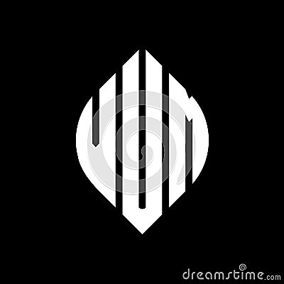 VUM circle letter logo design with circle and ellipse shape. VUM ellipse letters with typographic style. The three initials form a Vector Illustration