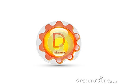 Vitamin D. Sun icon natural organic products with the maximum content of vitamin d yellow capsule. Vector isolated or white Vector Illustration