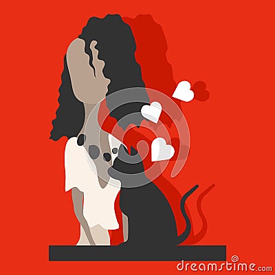 Curly haired young African girl with a cat. Vector Illustration