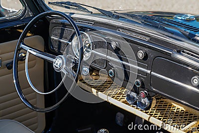 Vw convertible interior of vintage Volkswagen beetle car ancient seat dashboard and Editorial Stock Photo