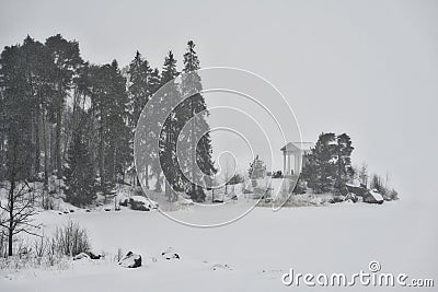 Winter forest with an old alcove in Monrepos park Stock Photo