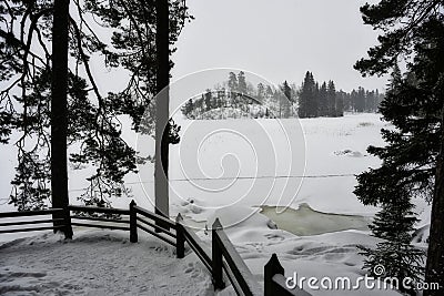 Winter forest trail in the Monrepos park near Vyborg Stock Photo