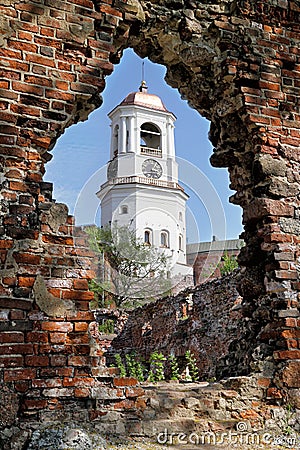 View of the Clock Tower from the ruins of the Cathedral Stock Photo