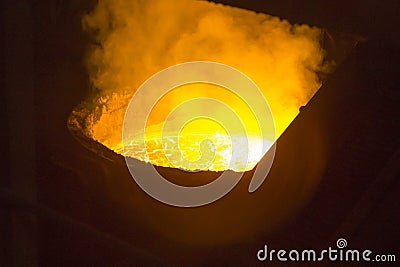 Process of the metal smelting with the martin furnace. Industrial details of metallurgic factory or Stock Photo