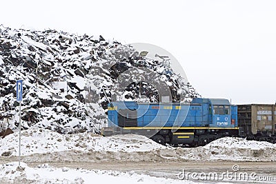 Vyksa, Russia: 12.23.2018. The TGM-4B locomotive costs about a pile of scrap metal on the territory of a metallurgical plant Editorial Stock Photo