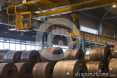 Vyksa, Russia: 12.23.2018. Traveling crane on a hot rolled strip steel product warehouse. Finished metal casting and rolling in a Editorial Stock Photo