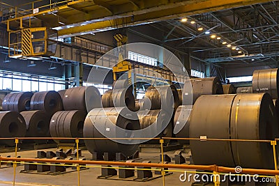 Vyksa, Russia: 12.23.2018. Traveling crane on a hot rolled strip steel product warehouse. Finished metal casting and rolling in a Editorial Stock Photo